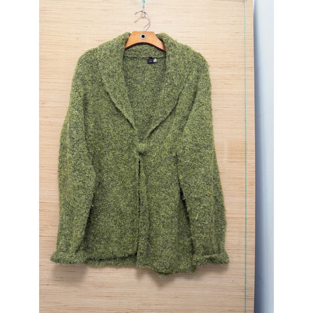 Tabask Handmade Peru Moss Green Boucle Knit Shawl Collar Cardigan Sweater Large